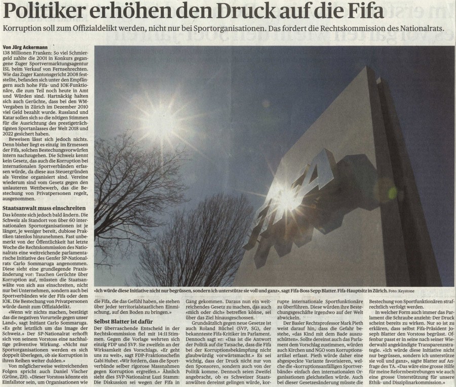 TagesAnzeiger: Politiker erhöhen Druck auf die FIFA
