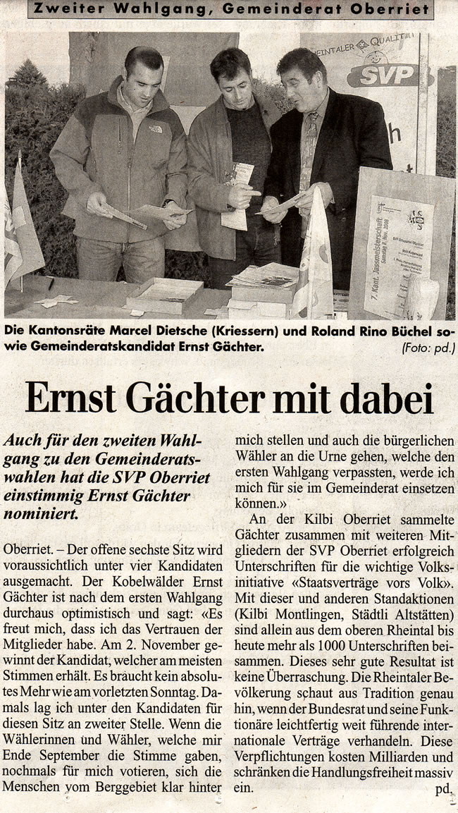 Rheintalische Volkszeitung: Zweiter Wahlgang, Gemeinderat Oberriet: Ernst Gächter mit dabei