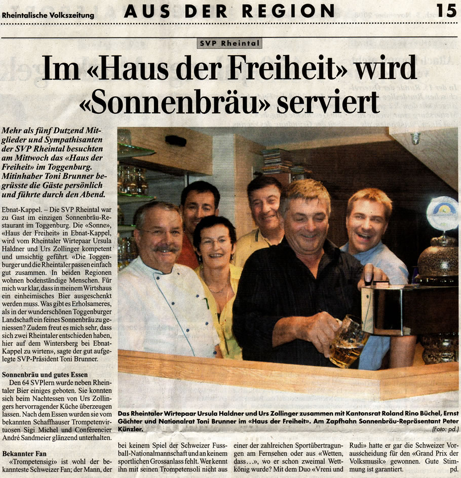 Rheintalische Volkszeitung: Im Haus der Freiheit wird Sonnenbräu serviert