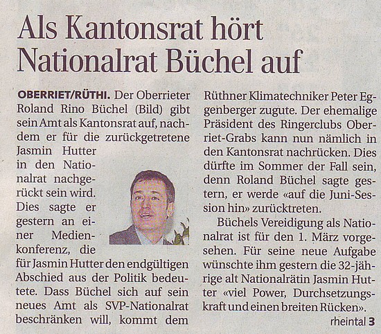 Als Kantonsrat hört Nationalrat Büchel auf