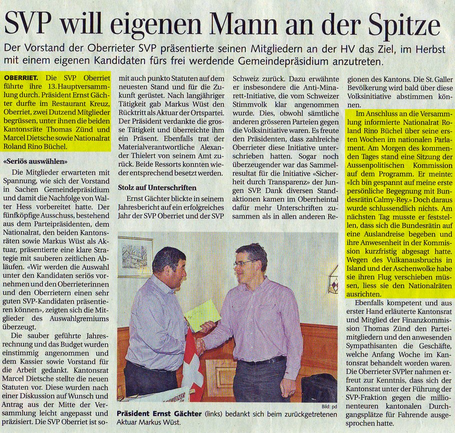 Der Rheintaler: SVP will eigenen Mann an der Spitze