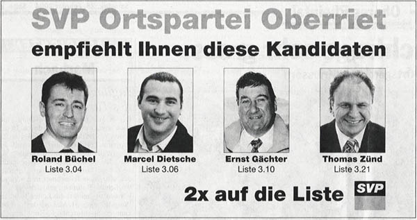 Inserat der SVP Oberriet zur Wahlempfehlung