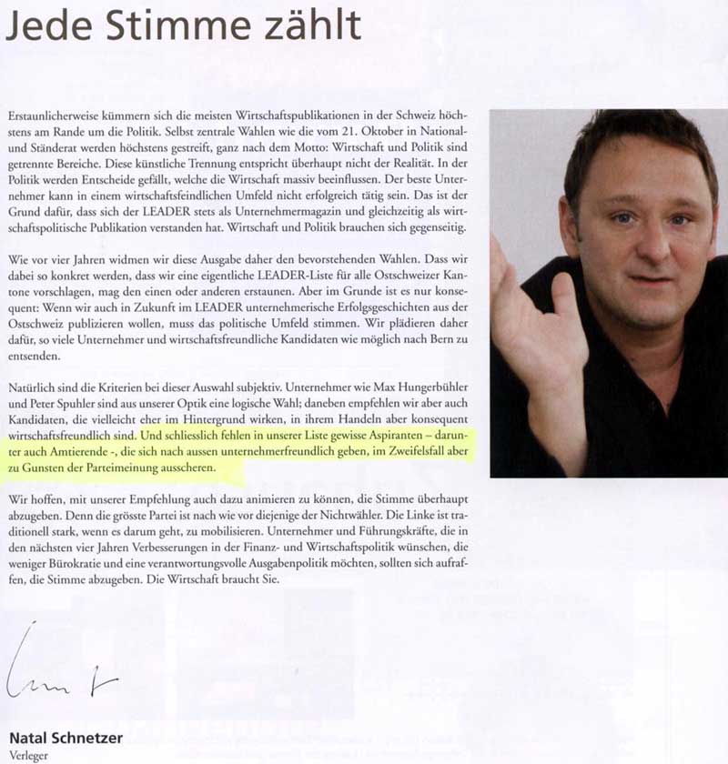 Natal Schnetzer, Verleger Leader Wirtschaftsmagazin.