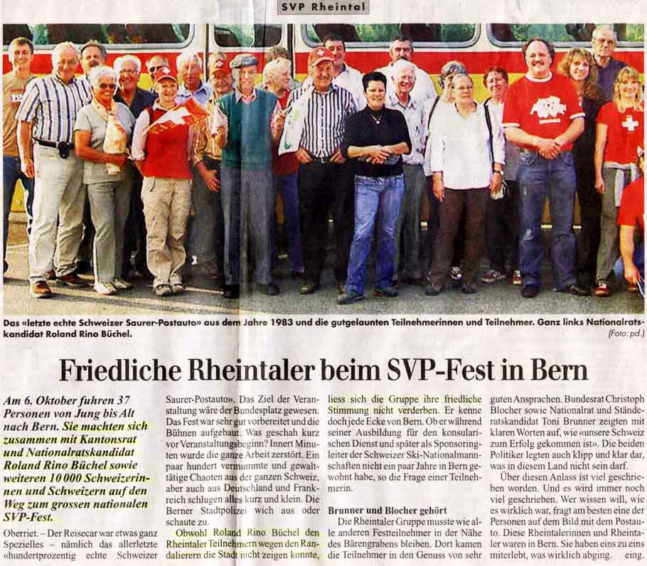 Roland Rino Büchel mit Saurer Postauto beim SVP-Fest in Bern. 