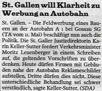 St. Gallen will Klarheit zu Werbung an Autobahn. Karin Keller-Sutter, Moritz Leuenberger.