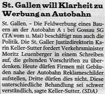 St. Gallen will Klarheit zu Werbung an Autobahn. Karin Keller-Sutter, Moritz Leuenberger.