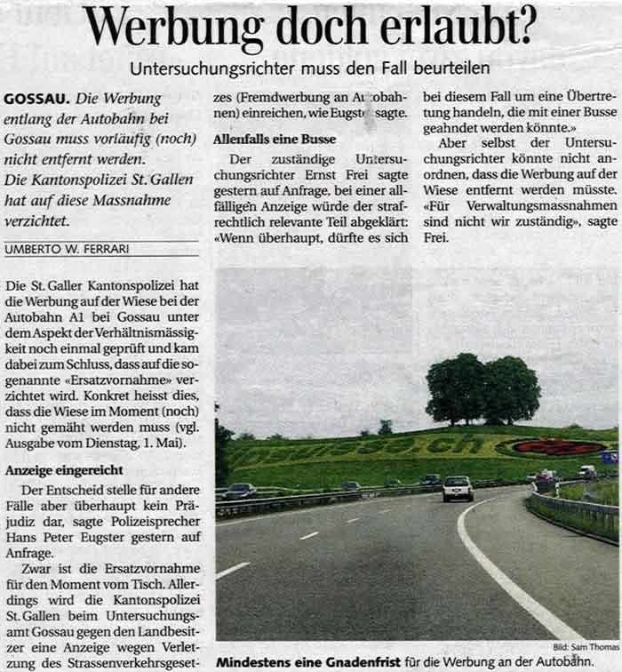 Werbung entlang der Autobahn bei Gossau muss vorläufig nicht entfernt werden.