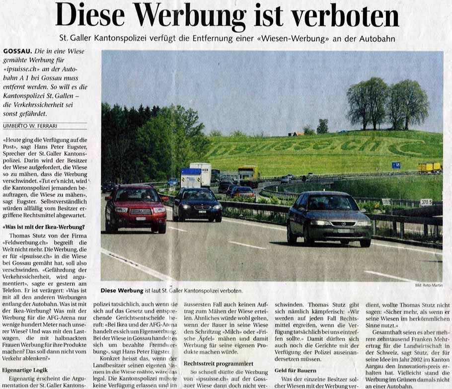 St. Galler Kantonspolizei verfügt die Entfernung einer 'Wiesen-Werbung' an der Autobahn.