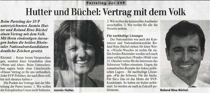 Roland Rino Buechel und Jasmin Hutter unterschreiben einen Vertrag mit dem Volk. Roland Rino Buechel und Jasmin Hutter unterschreiben einen Vertrag mit dem Volk.