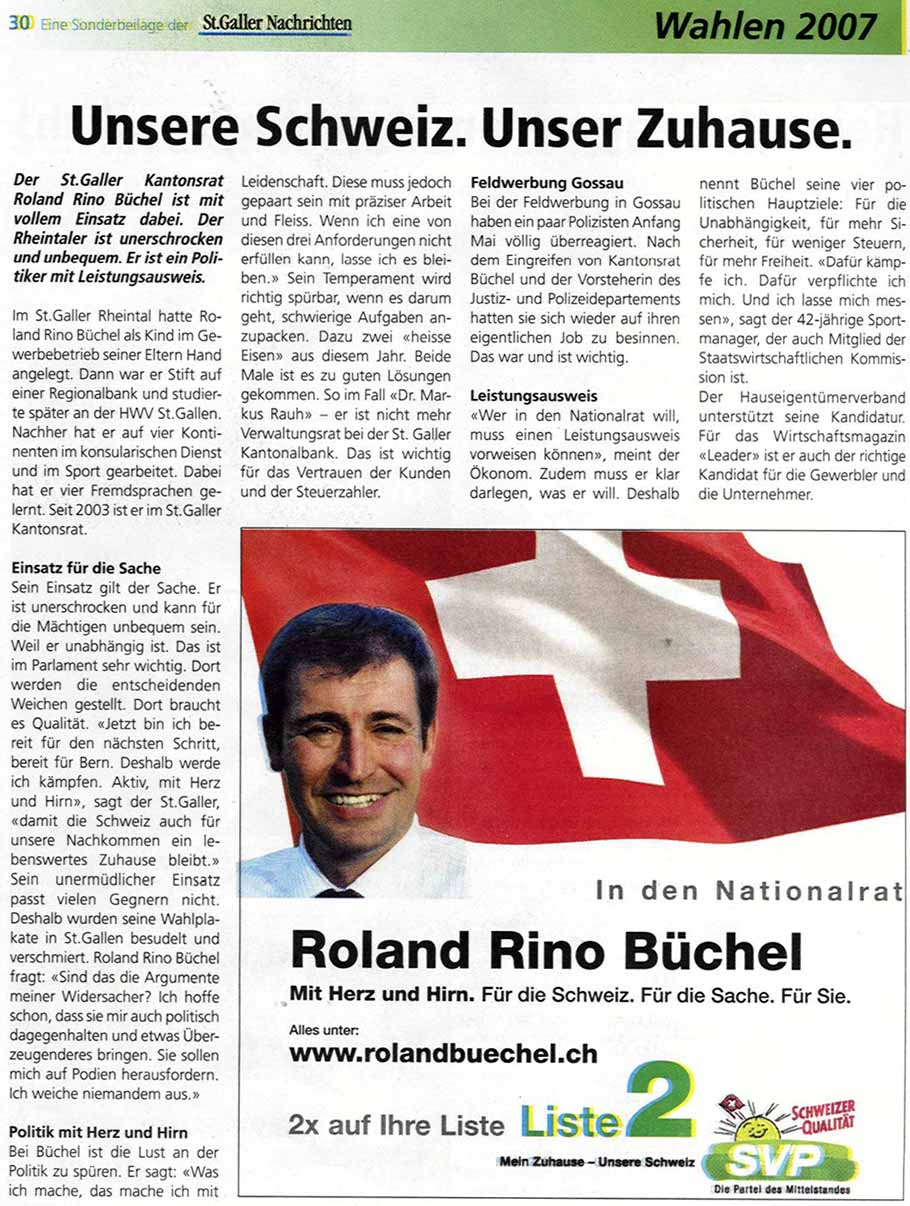 Unsere Schweiz. Unser Zuhause. Reportage in den St. Galler Nachrichten über Roland Rino Büchel.