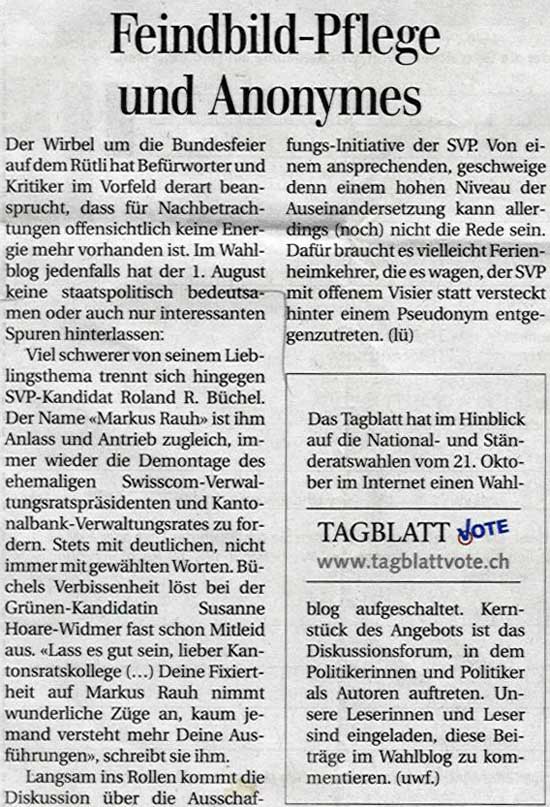 Feindbild-Pflege und Anomyes: Markus Rauh im Tagblatt Vote.