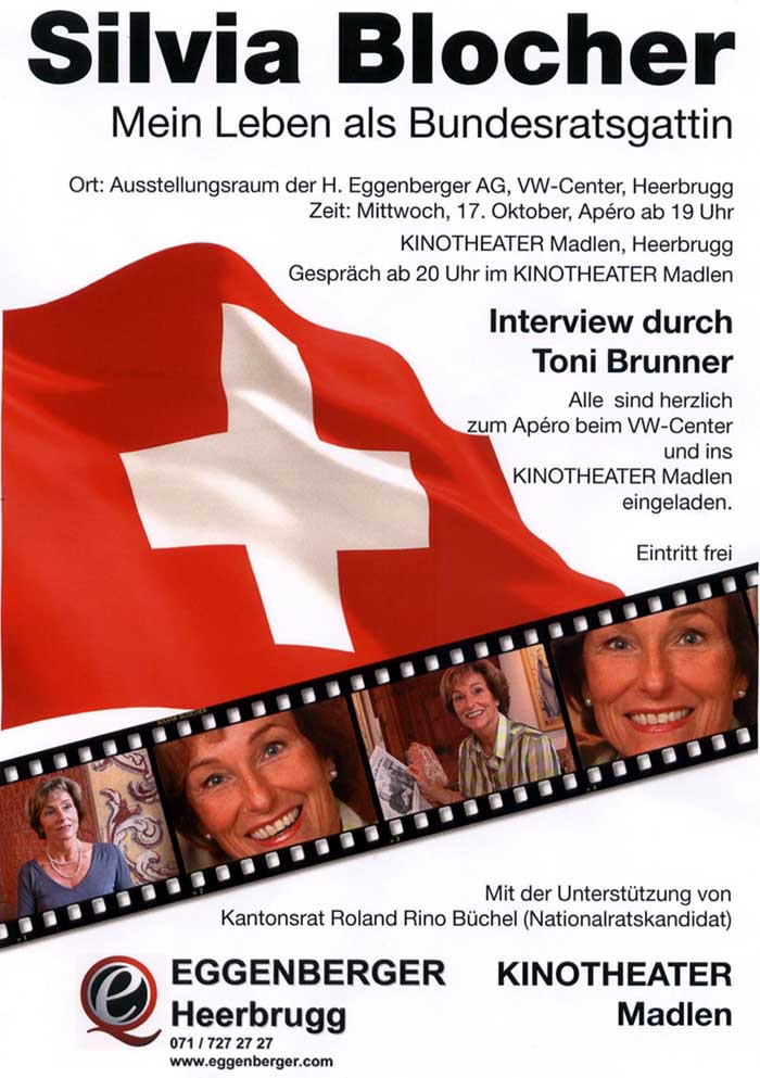 Silvia Blocher, Ehegattin von Bundesrat Christoph Blocher im Gespräch im Kino Madlen in Heerbrugg. Interview durch Toni Brunner.