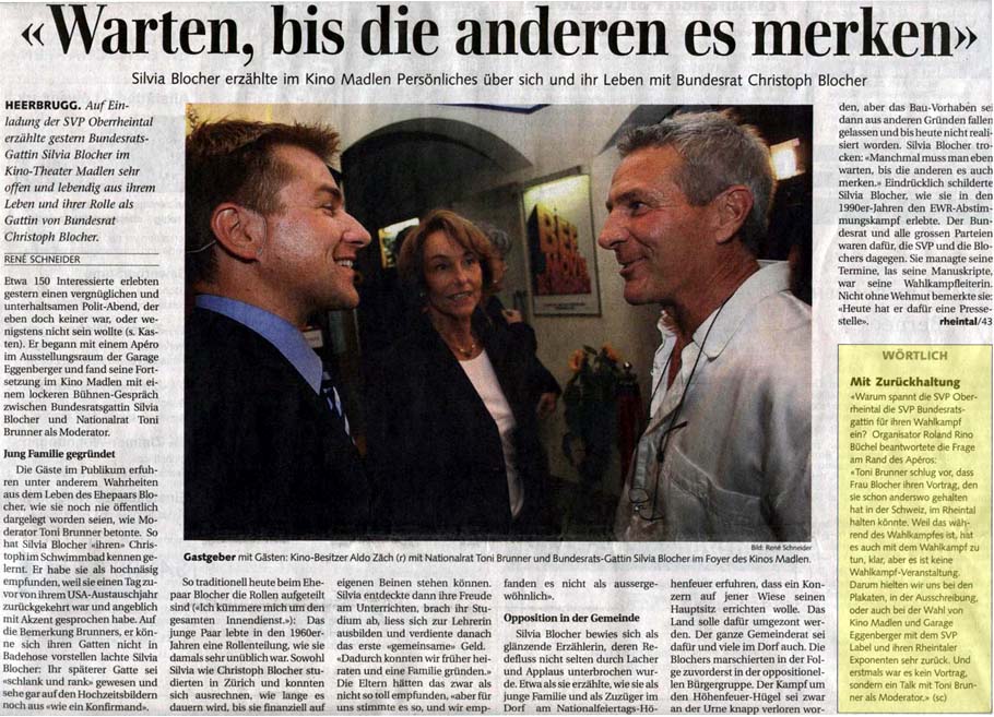 Silvia Blocher, Ehegattin von Bundesrat Christoph Blocher im Gespräch im Kino Madlen in Heerbrugg. Interview durch Toni Brunner. Rheintaler. Silvia Blocher, Ehegattin von Bundesrat Christoph Blocher im Gespräch im Kino Madlen in Heerbrugg. Interview durch Toni Brunner. Rheintaler.