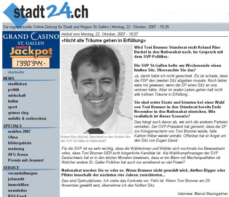 Roland Rino Büchel nach den Nationalratswahlen 2007 im Interview mit Stadt24.ch
