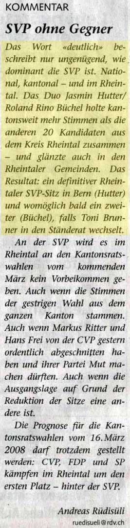Tagblatt: Kommentar zu den Nationalratswahlen 2007, SVP ohne Gegner.