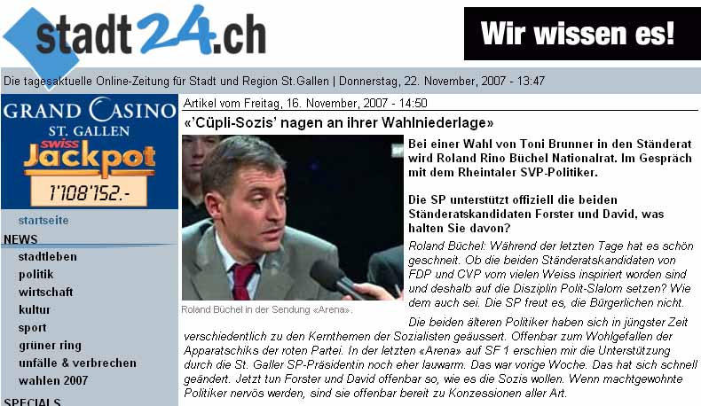 Roland Rino Büchel wird automatisch Nationalrat wenn Toni Brunner in den Ständerat gewählt wird. "Cüpli-Sozis" im Stadt24.ch