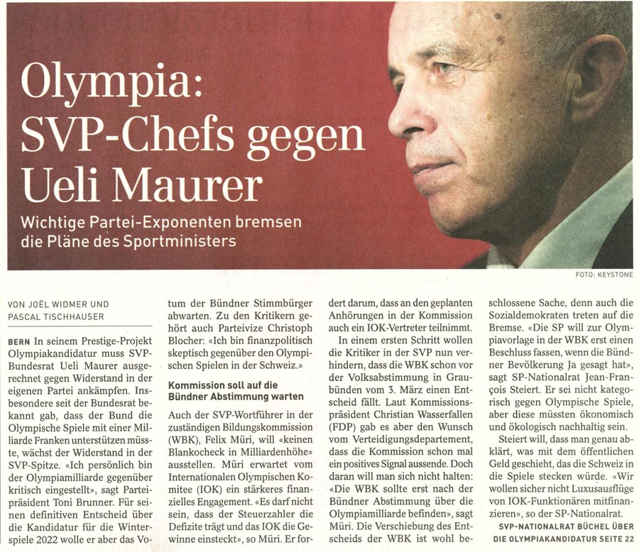 SonntagsZeitung: Olympia - SVP-Chefs gegen Ueli Maurer