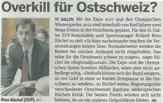 20 Minuten: Overkill für die Ostschweiz (Expo27 und Olympia)