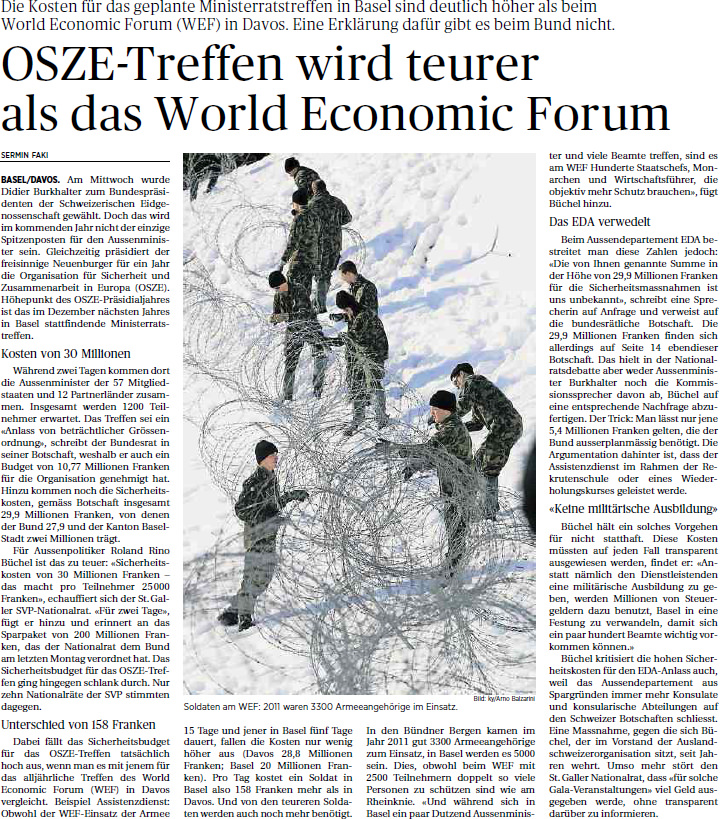 Ostchweiz am Sonntag: OSZE Treffen wird teurer als WEF