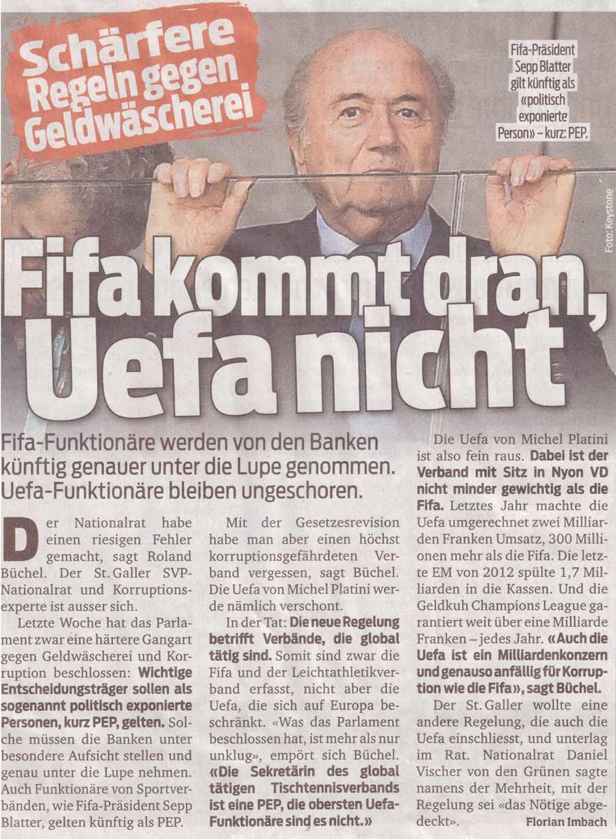 Blick: Geldwäscherei FIFA / UEFA