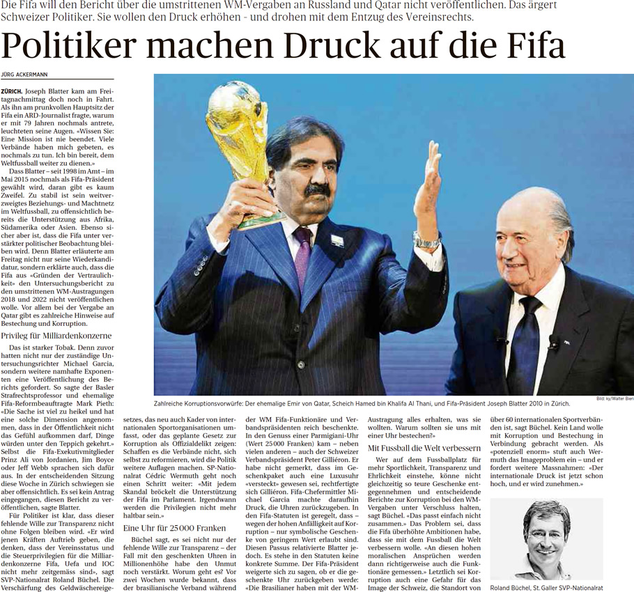 Ostschweiz am Sonntag: Politiker machen Druck auf FIFA