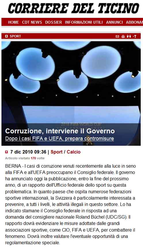 Corriere Del Ticino: Corruzione a Fifa (Roland Rino Büchel)