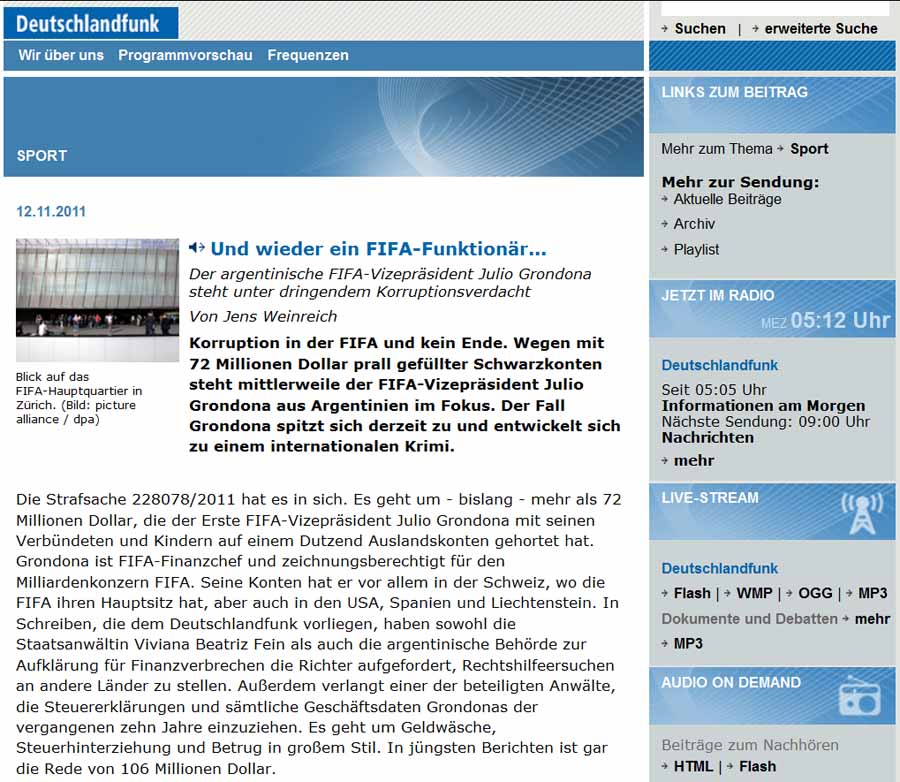 Deutschland Funk: Fifa Korruption / Julio Grondona