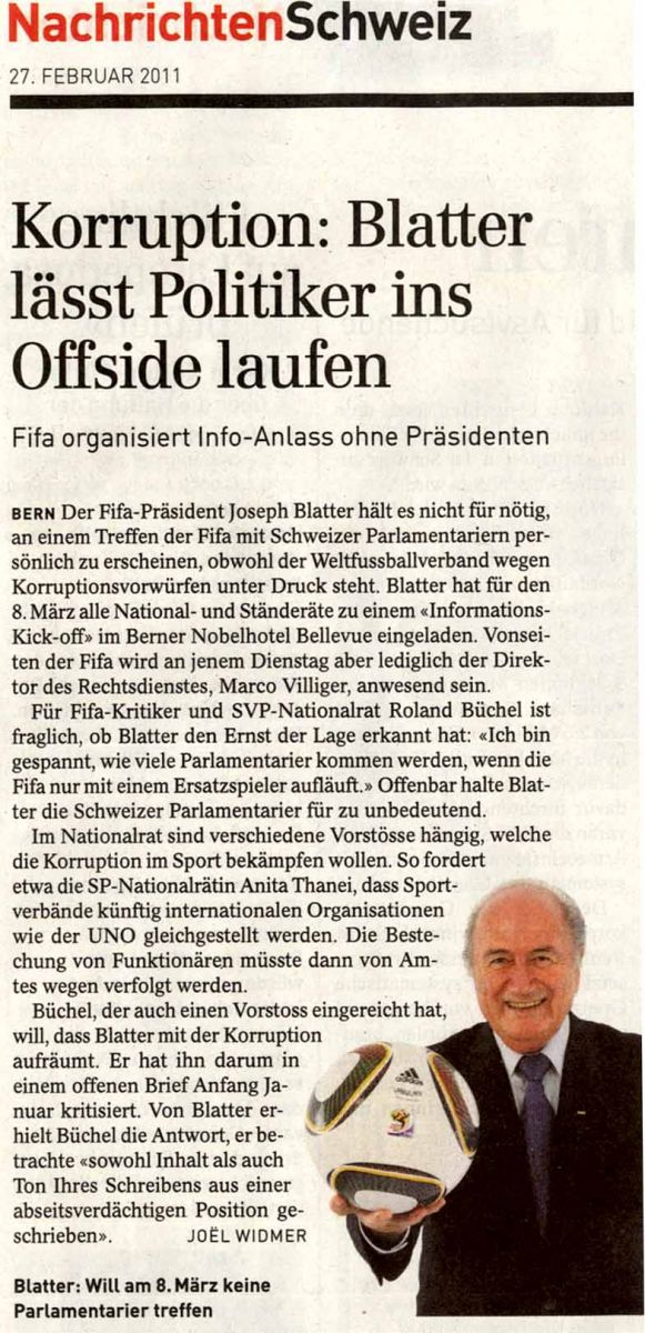 Sepp Blatter lässt Politiker ins Offside laufen.