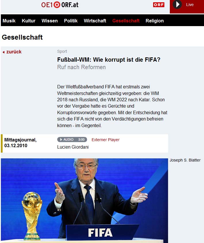 Fussball-WM: Wie korrupt ist die FIFA fragt ORF.