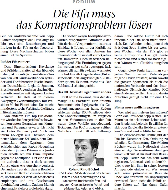 St. Galler Tagblatt: Die FIFA muss das Korruptionsproblem lösen