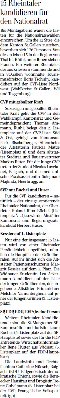 Der Rheintaler: 15 Rheintaler kandidieren für den Nationalrat