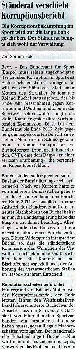 Südostschweiz: Ständerat verschiebt Korruptionsbericht (Motion Roland Rino Büchel)