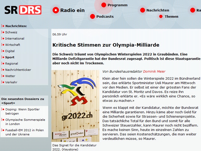 SR DRS: Kritische Stimmen zur Olympia-Kandidatur