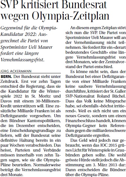 St. Galler Tagblatt: SVP kritisiert Bundesrat wegen Olympia