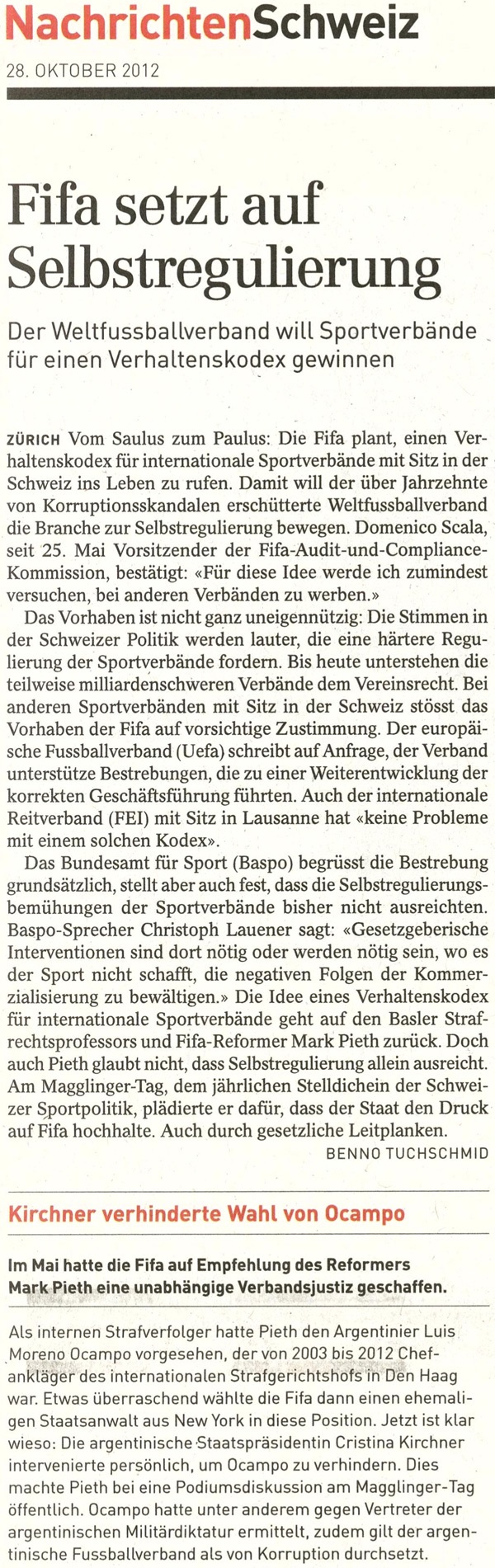 SonntagsZeitung: Fifa setzt auf Selbstregulierung