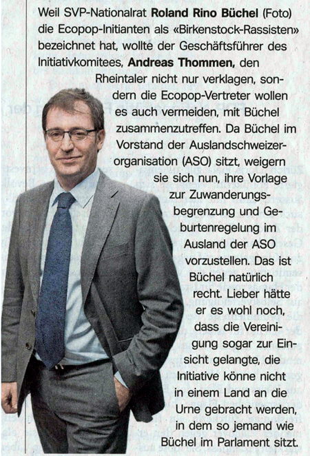 SonntagsZeitung: Ecopop-Initianten können Büchel nicht ausweichen