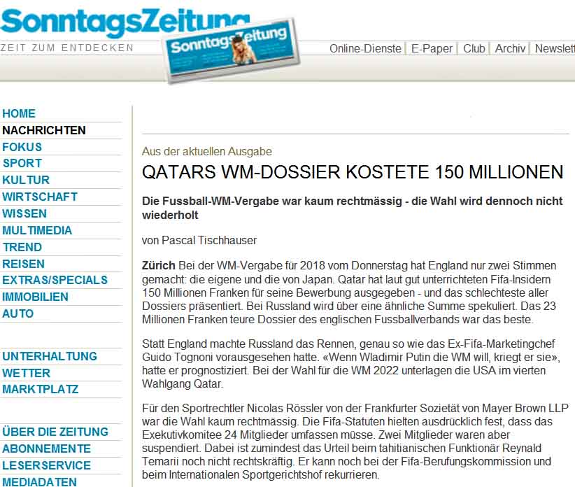 Qatars WM-Dossier / Sonntags Zeitung