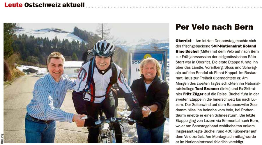 Roland Rino Büchel mit dem Velo nach Bern. Mit Toni Brunner und Fritz Züger.