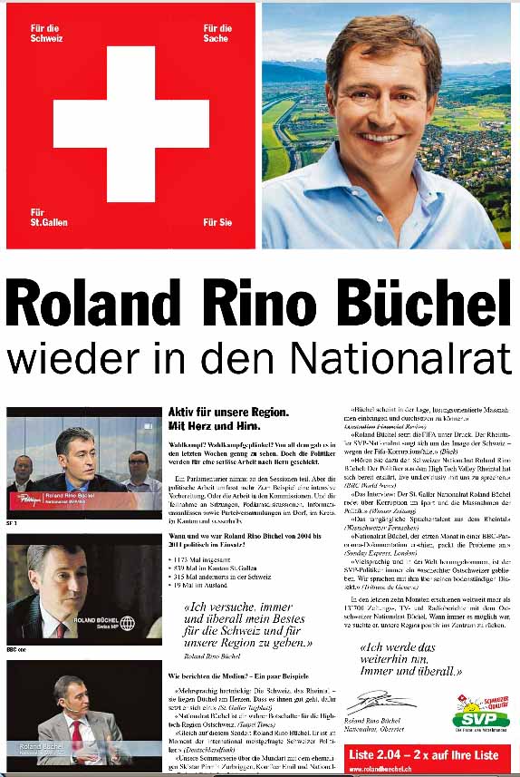 Roland Rino Büchel : Wahlinserat 2011 - Schweizerkreuz