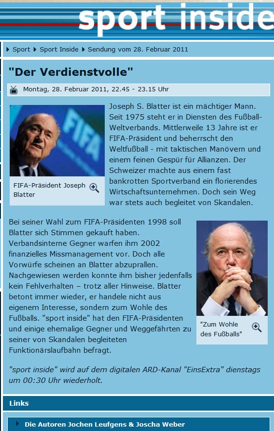 Sepp Blatter zur Korruption in der Fifa im 'sport inside'